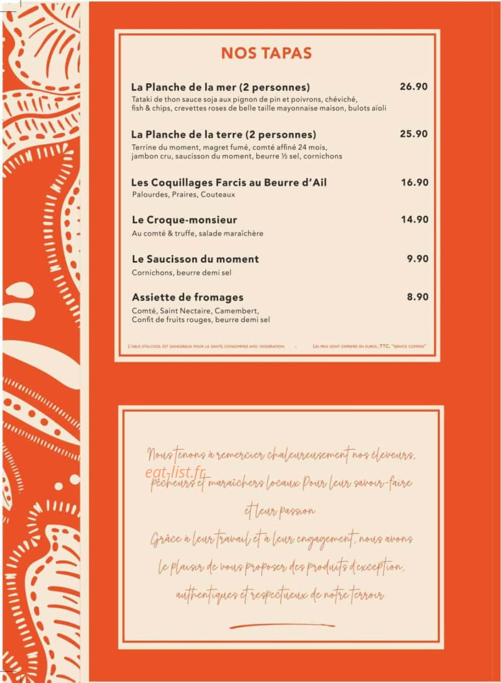 Carte et menu de Le bistrot de la plage à Le Havre — Les tapas