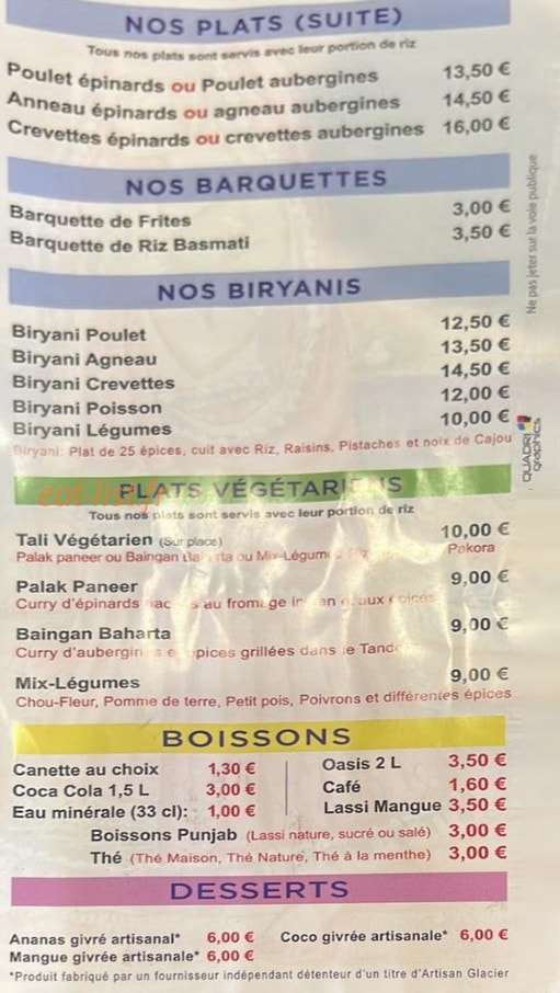 Punjab fast-food — carte page 2
