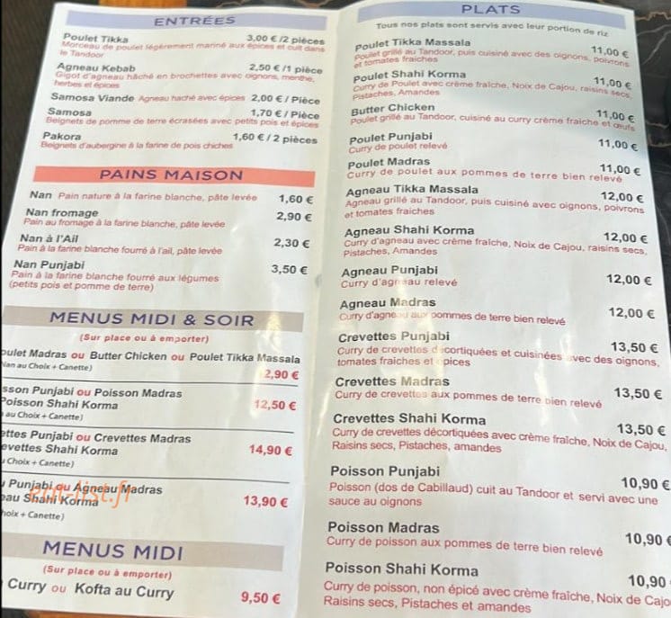 Punjab fast-food — carte page 1