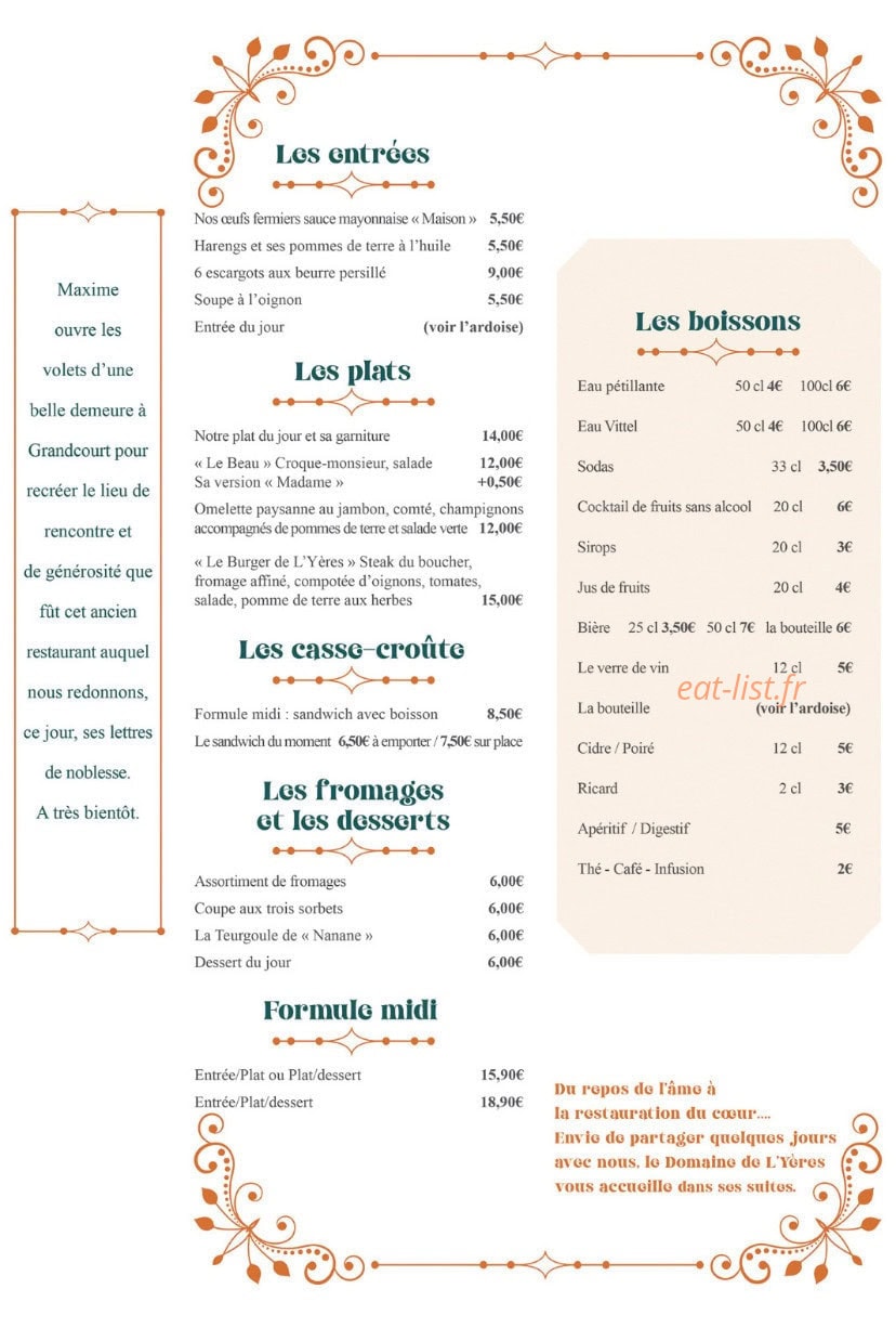 Carte et menu de Brasserie de l'yères à Grandcourt — La carte