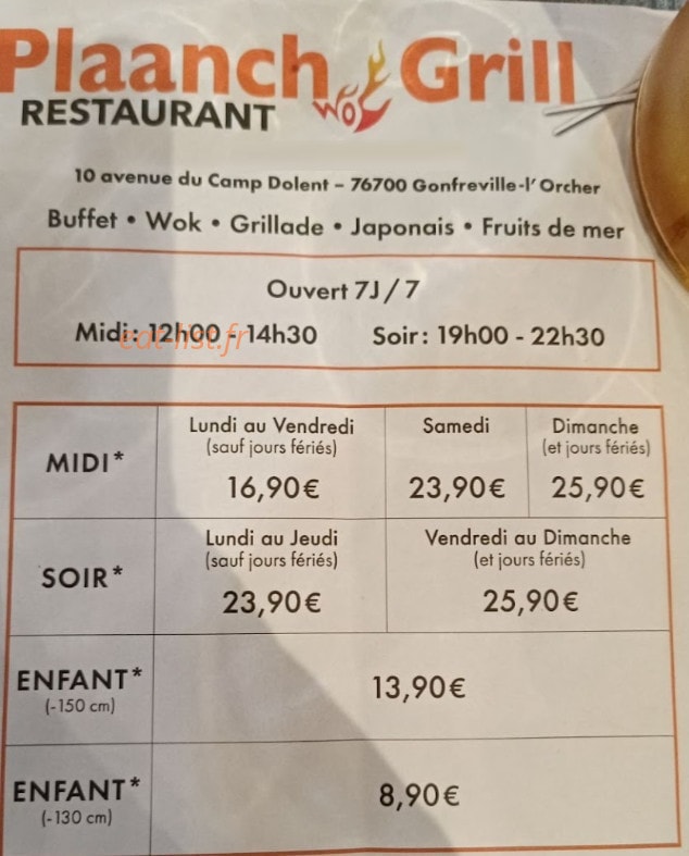 Carte et menu de Plaanch Grill à Gonfreville l'Orcher — Les menus du midi et menus du soir