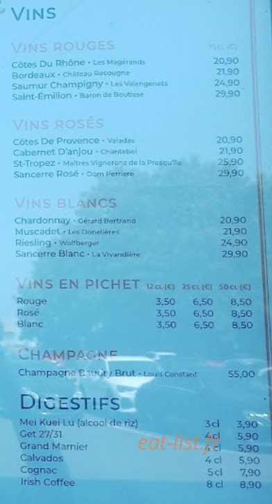Carte et menu de Plaanch Grill à Gonfreville l'Orcher — Les vins et digestifs