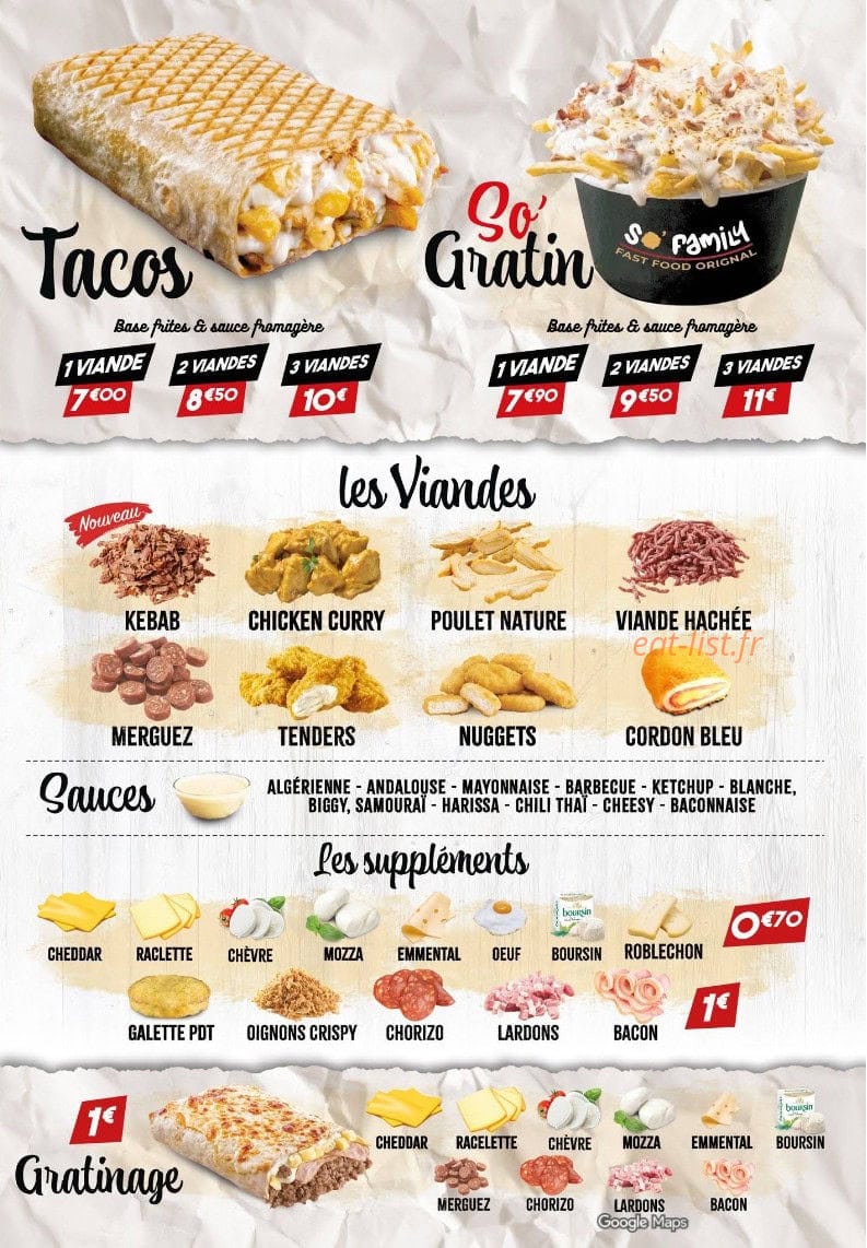 Carte et menu de So’family à Buchy — Les tacos et extras