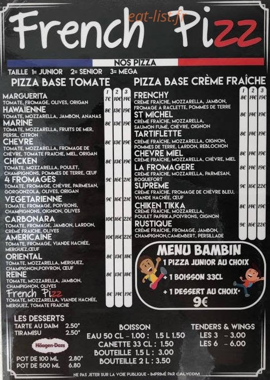 French Pizz — carte page 1