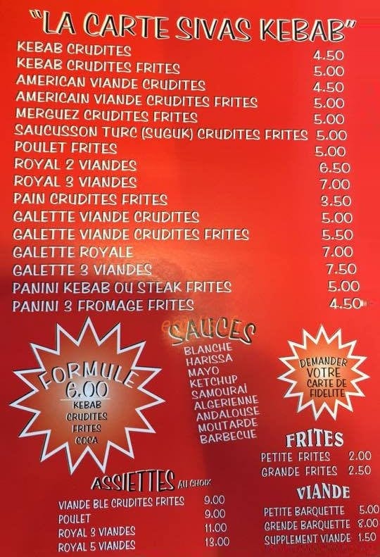 Sivas Kebab — carte page 1