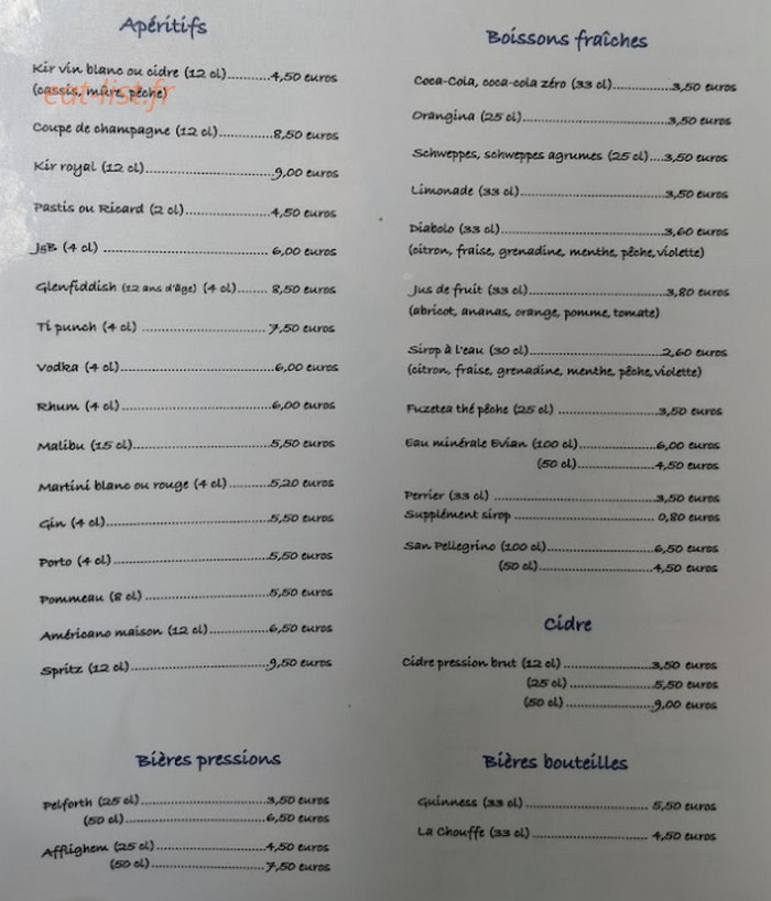Carte et menu de La Courtine à Etretat — Les apéritifs, boissons fraiches, ...