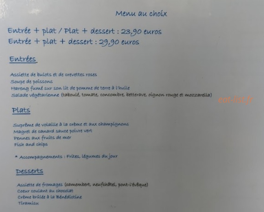 Carte et menu de La Courtine à Etretat — Les entrées, plats et desserts