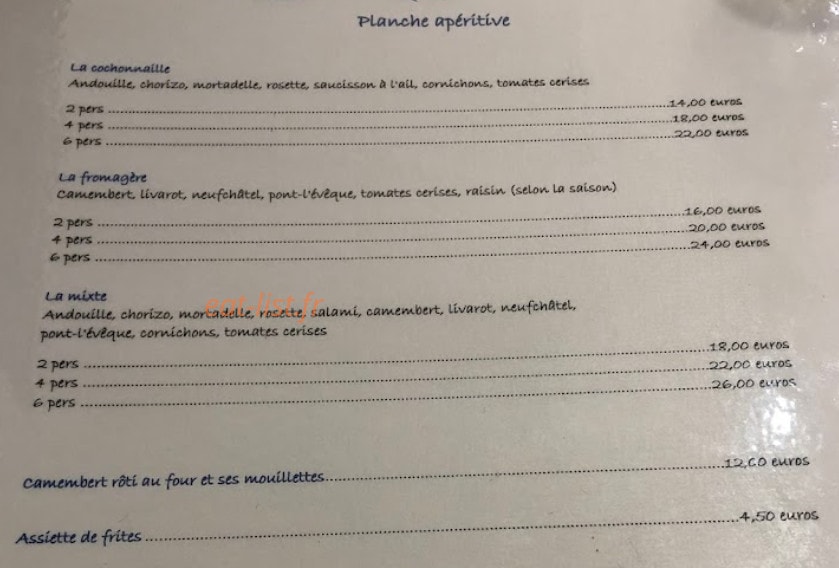 Carte et menu de La Courtine à Etretat — Les planches