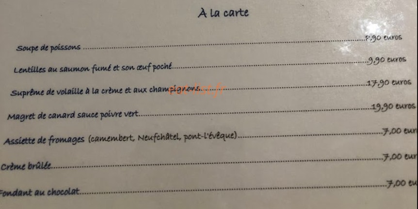 Carte et menu de La Courtine à Etretat — La carte