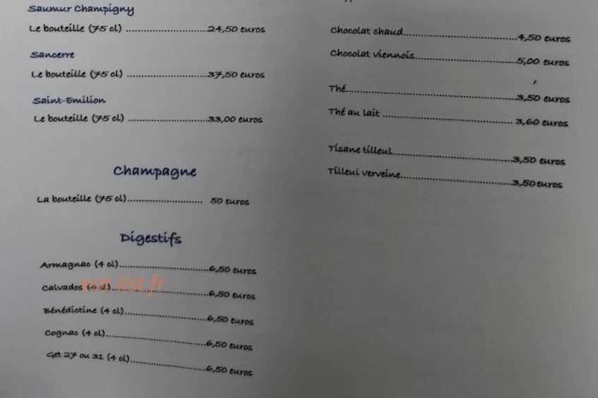 Carte et menu de La Courtine à Etretat — Les champagnes et digestifs