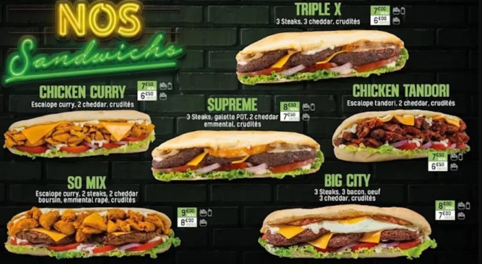 Carte et menu de John’s Burger à Saint Etienne du Rouvray — Les sandwichs