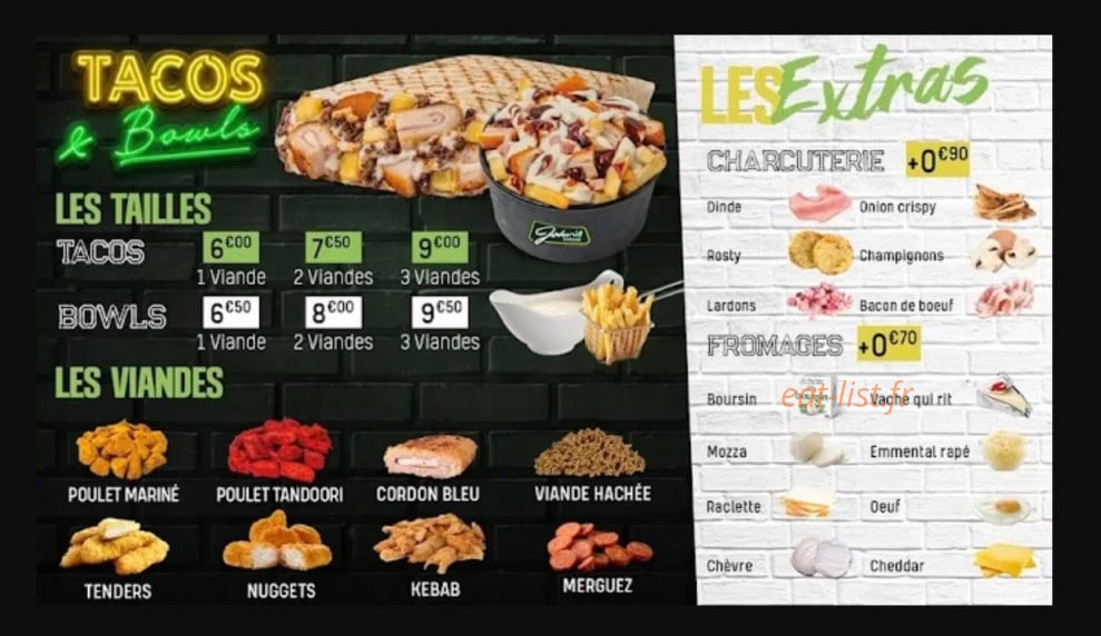 Carte et menu de John’s Burger à Saint Etienne du Rouvray — Tacos, bowls et extras
