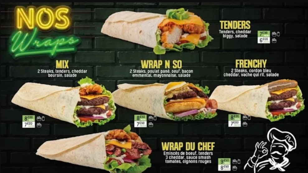 Carte et menu de John’s Burger à Saint Etienne du Rouvray — Les wraps