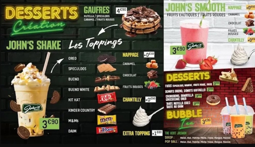 Carte et menu de John’s Burger à Saint Etienne du Rouvray — Les desserts