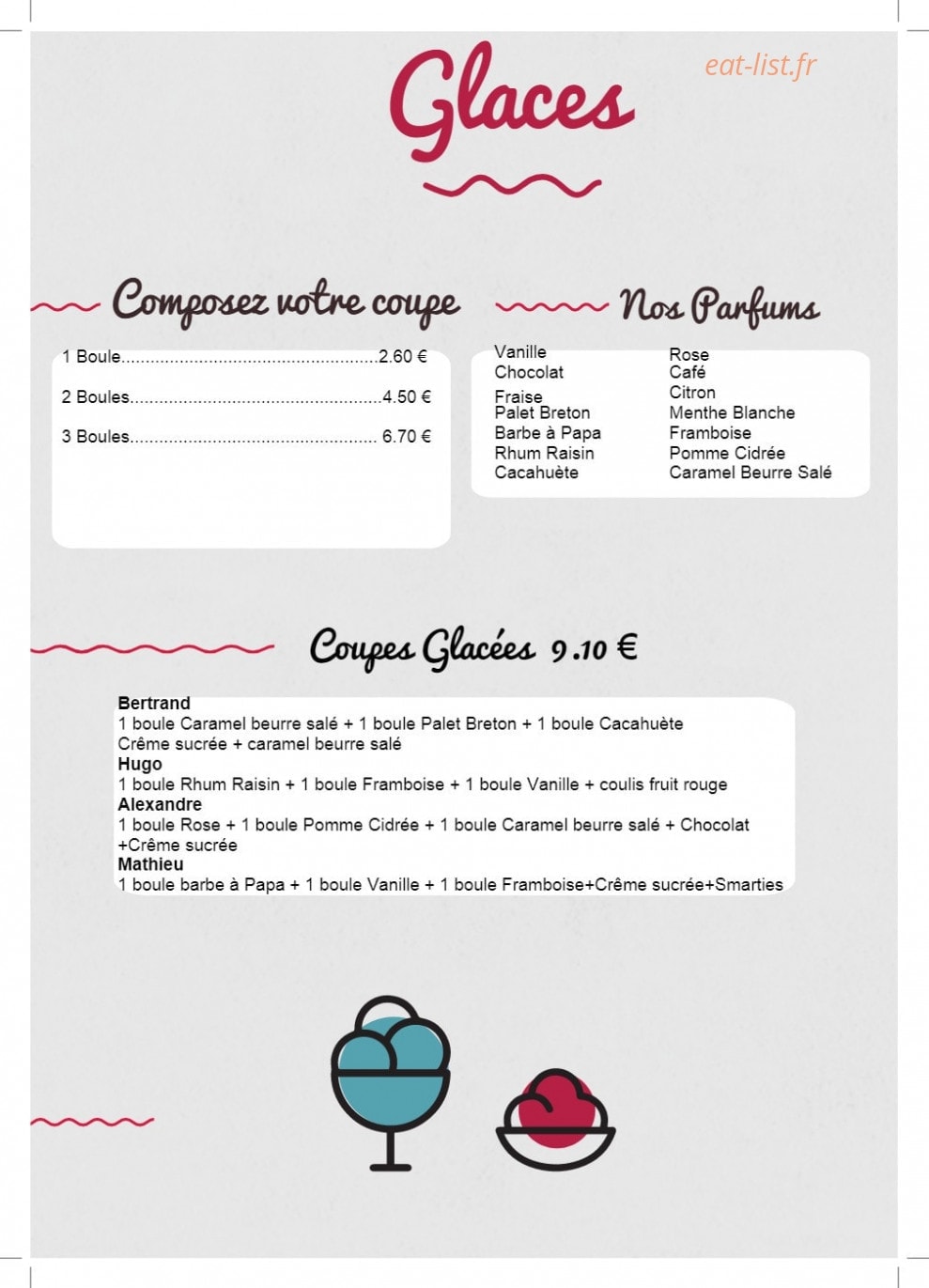Carte et menu de Crêperie de la cressonnière à Veules les Roses — Les glaces