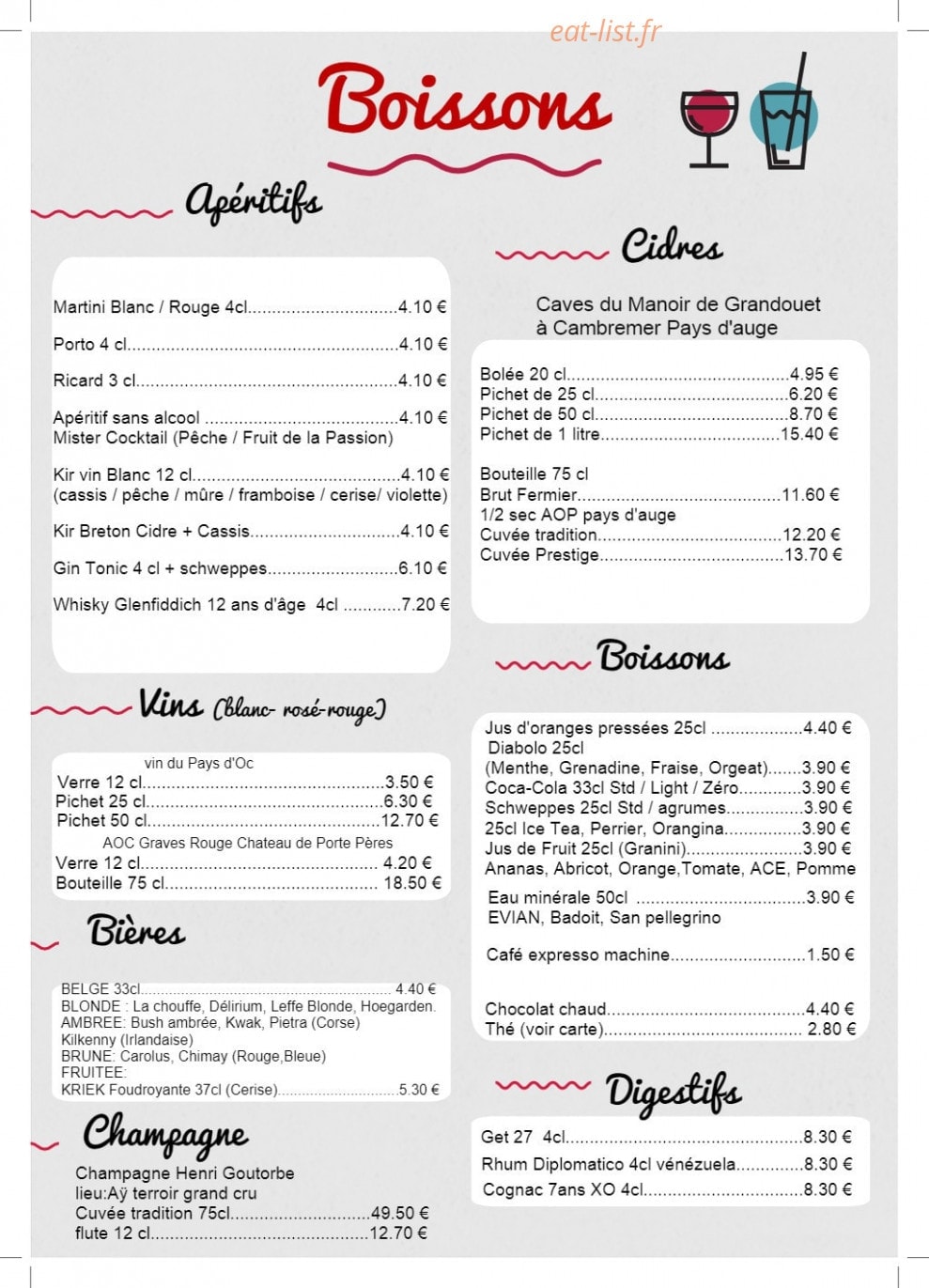 Carte et menu de Crêperie de la cressonnière à Veules les Roses — Les boissons