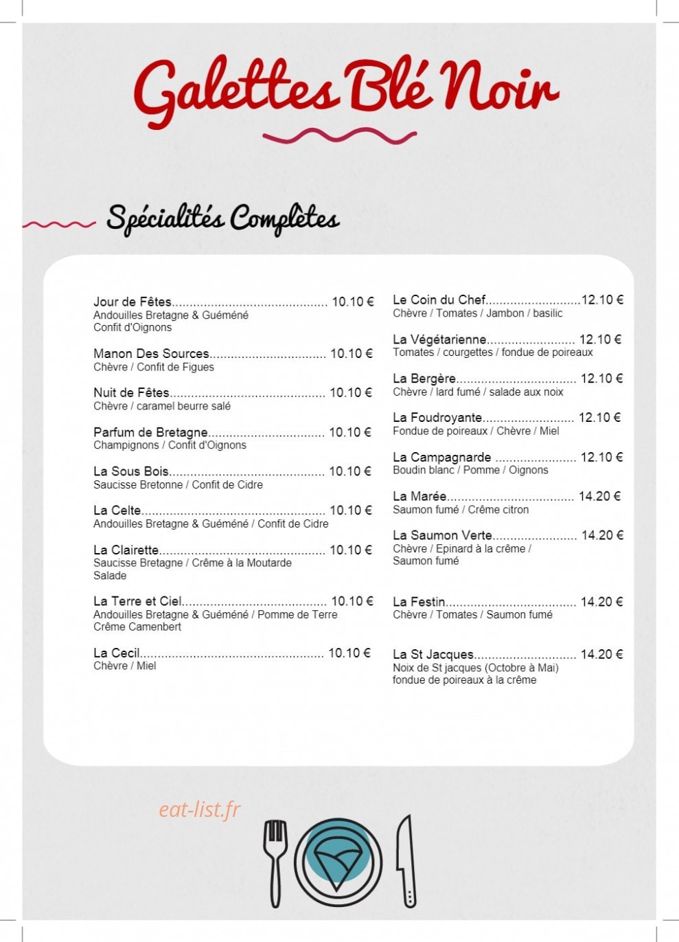 Carte et menu de Crêperie de la cressonnière à Veules les Roses — Les galettes blé noir page 3