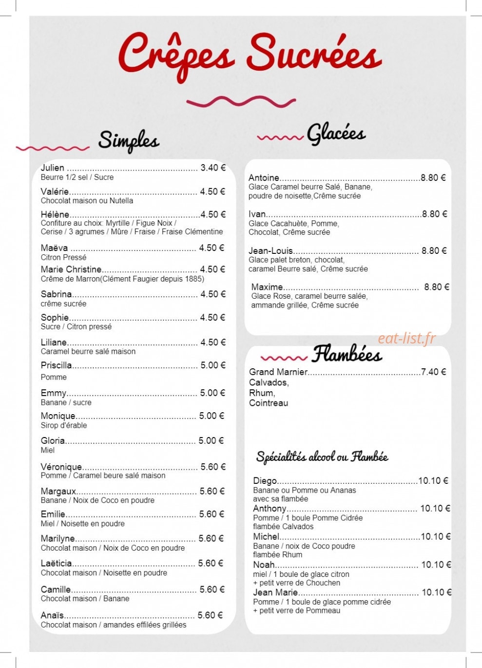 Carte et menu de Crêperie de la cressonnière à Veules les Roses — Les crêpes sucrées