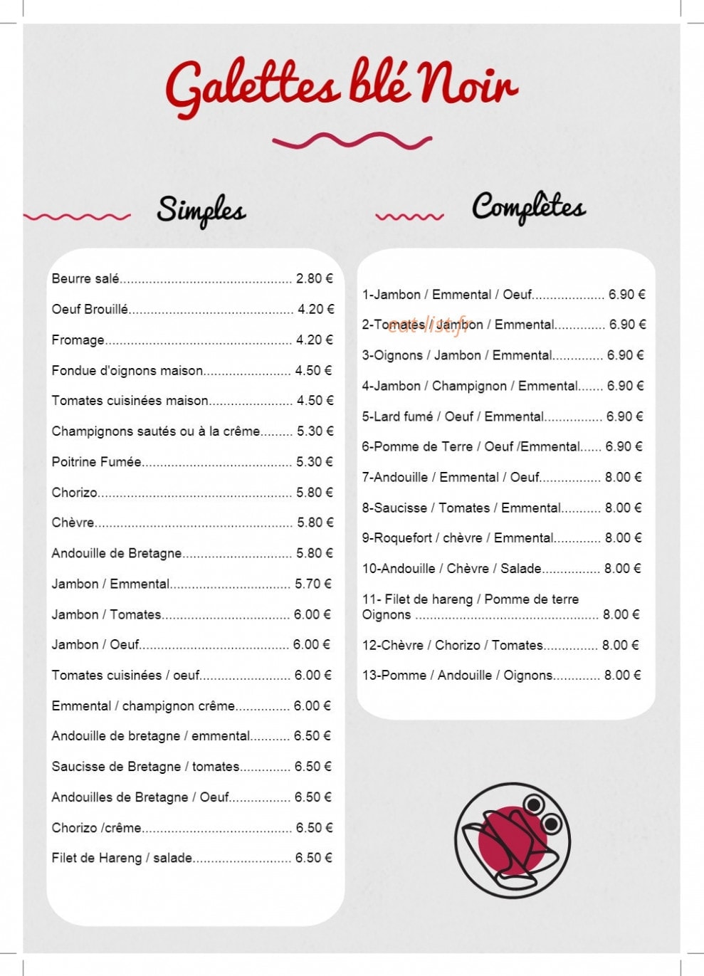 Carte et menu de Crêperie de la cressonnière à Veules les Roses — Les galettes blé noir