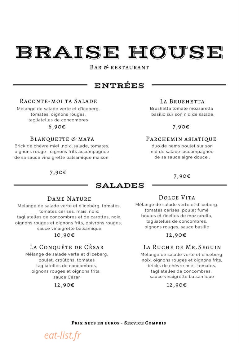 Braise House — carte page 1