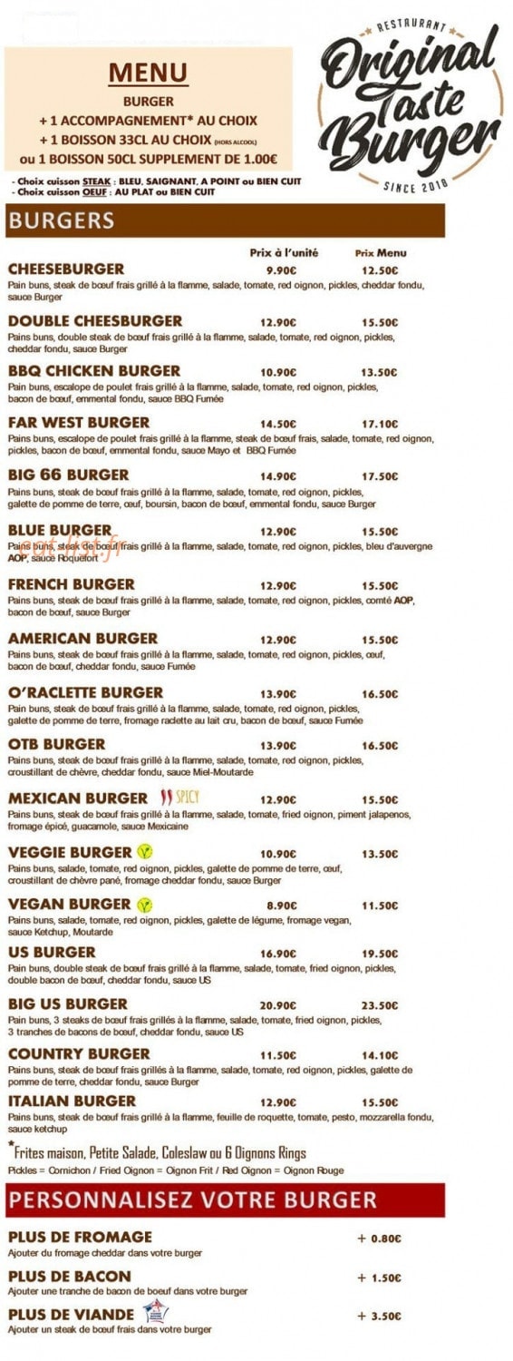 Original Taste Burger — carte page 1