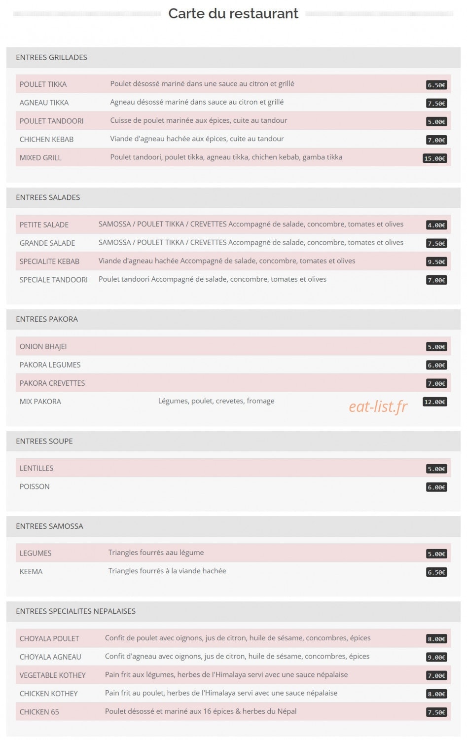 Restaurant Mont Everest — carte page 1