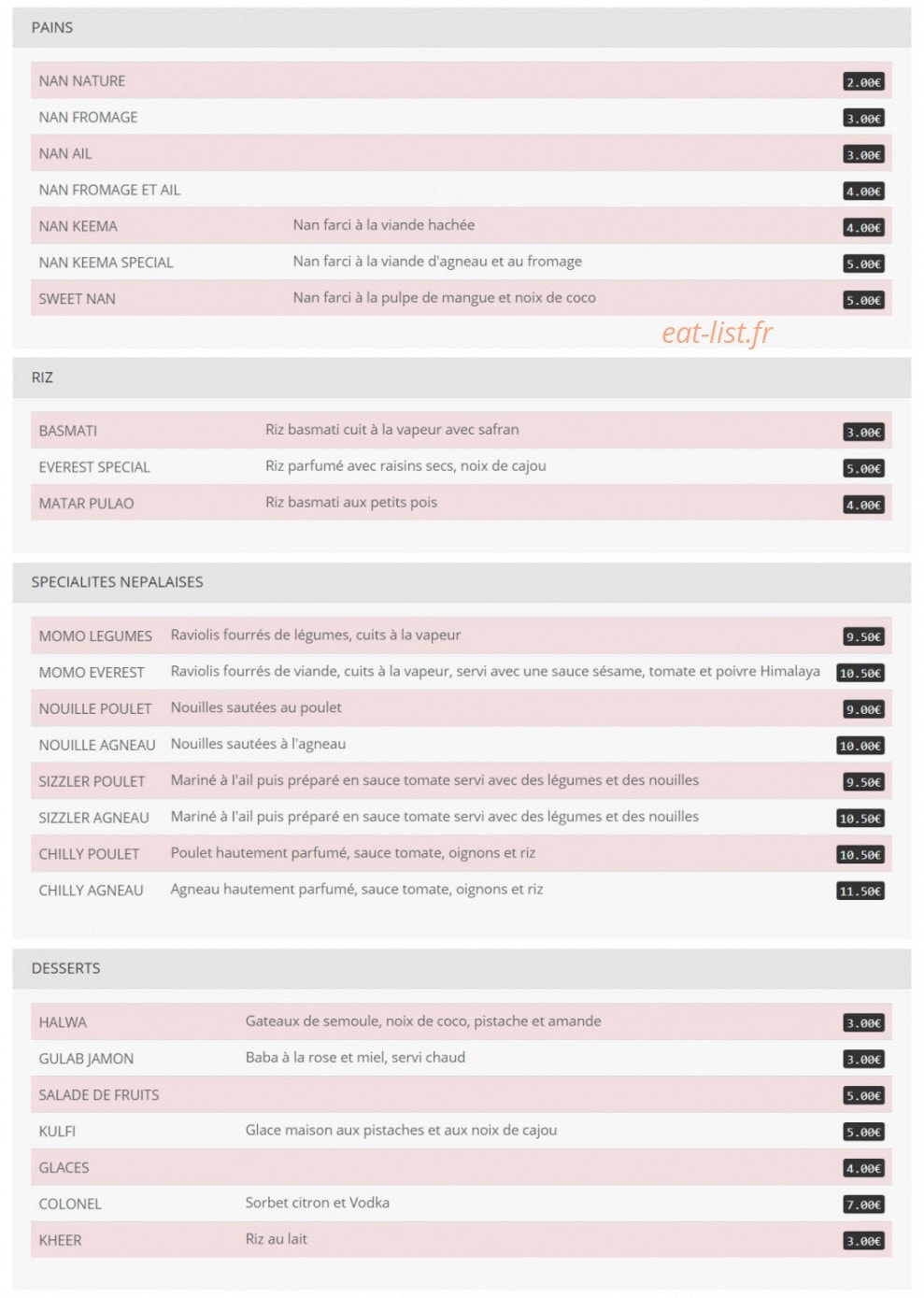 Restaurant Mont Everest — carte page 3