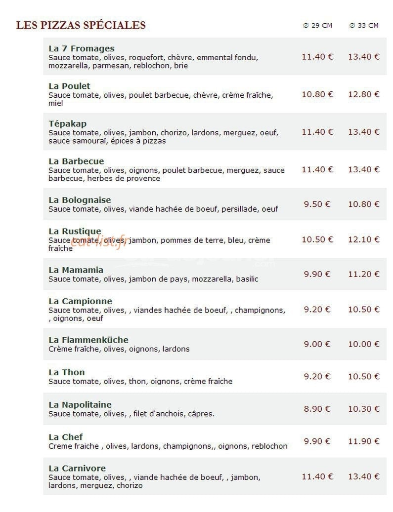 Le Kiosque à Pizzas — carte page 1