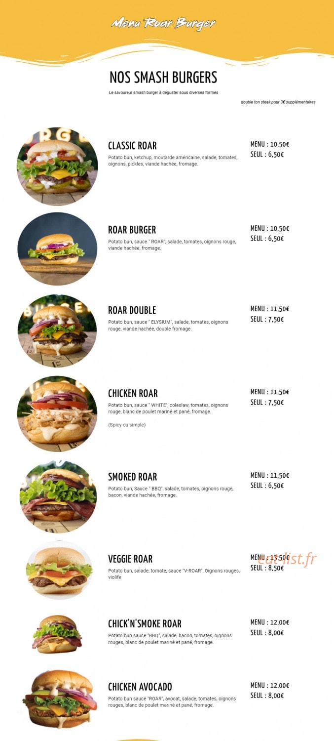 Roar Burger — carte page 1