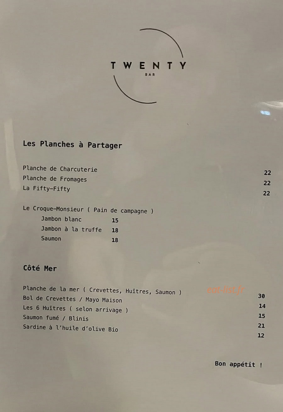 Twenty Bar — carte page 1