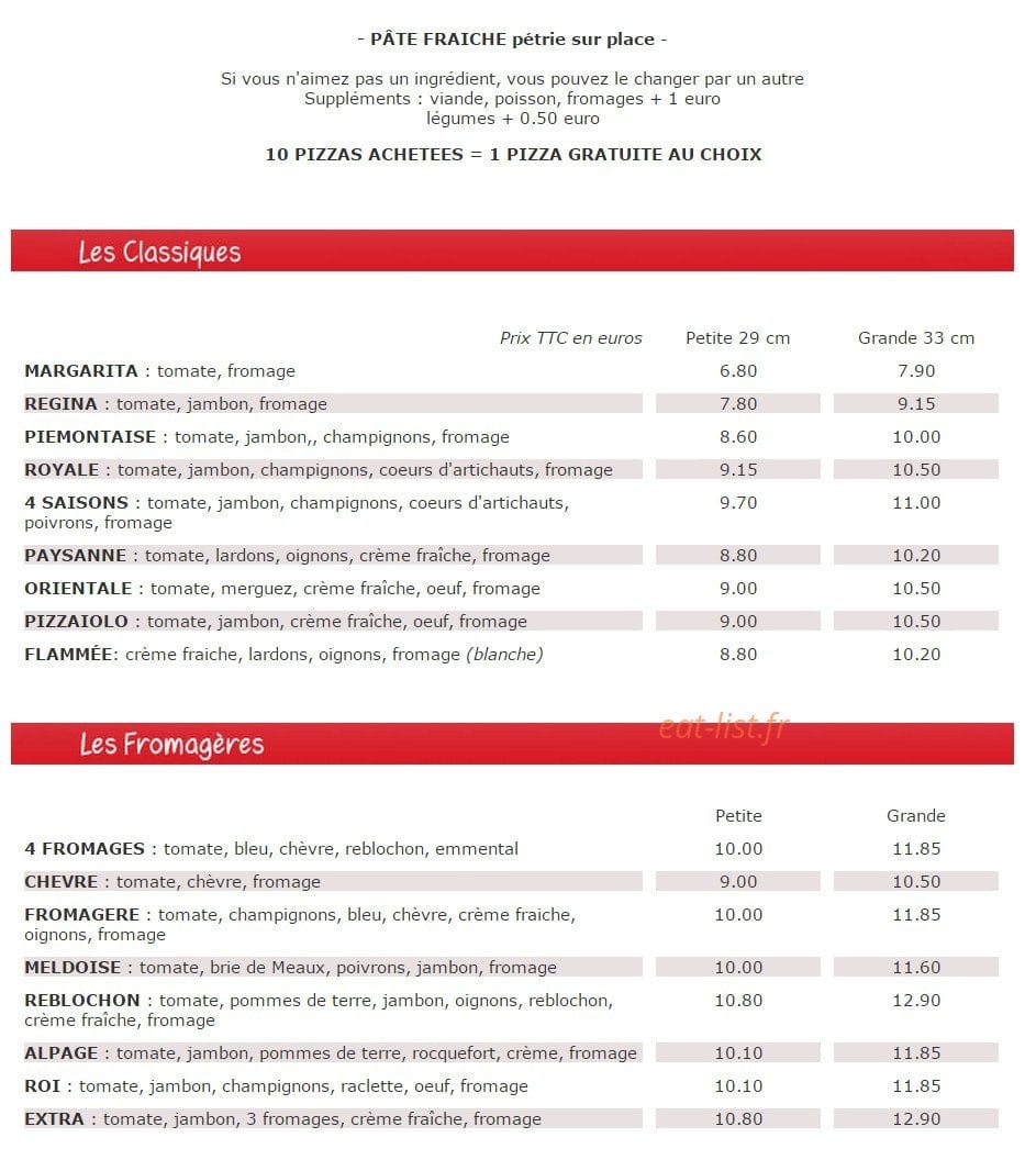 Pizza Mania — carte page 1