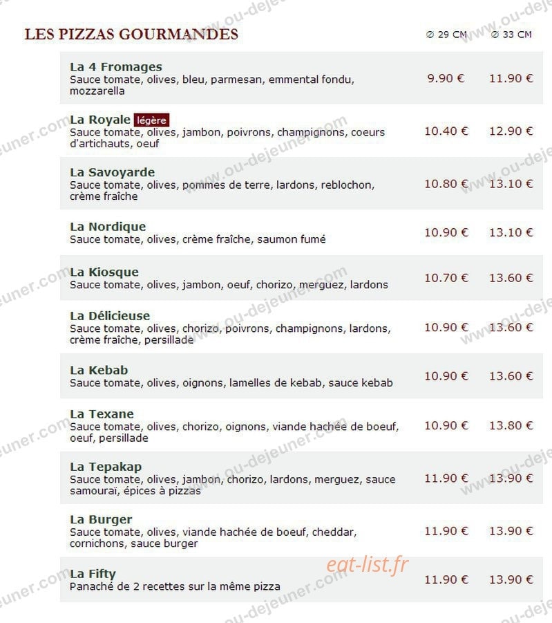 Le Kiosque à Pizzas — carte page 1