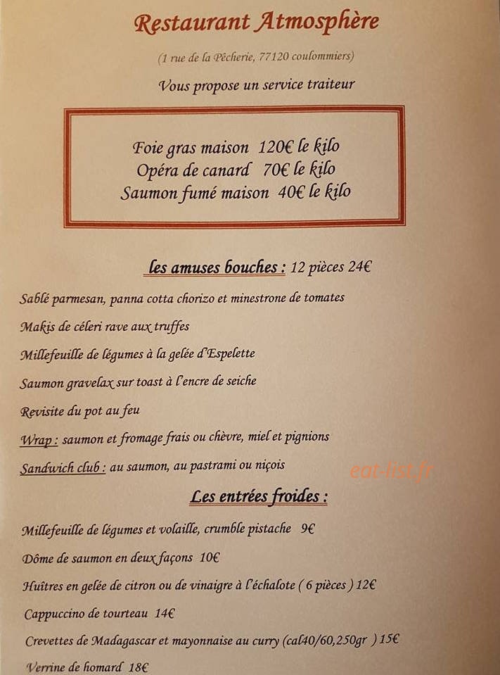 Restaurant Atmosphère — carte page 1