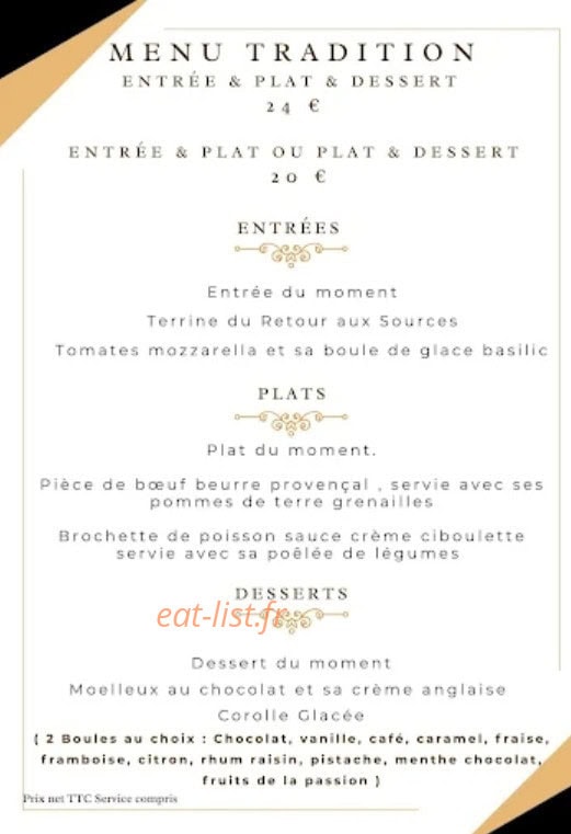 Carte et menu de Le retour aux Sources à Misy sur Yonne — Menu tradition