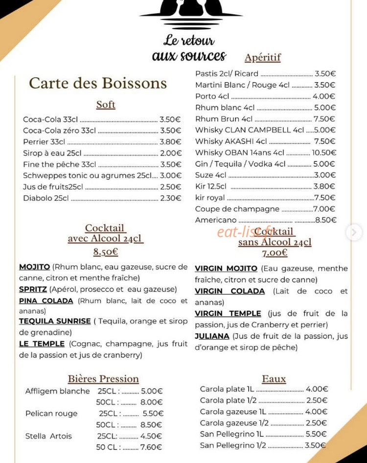 Carte et menu de Le retour aux Sources à Misy sur Yonne — Carte des boissons