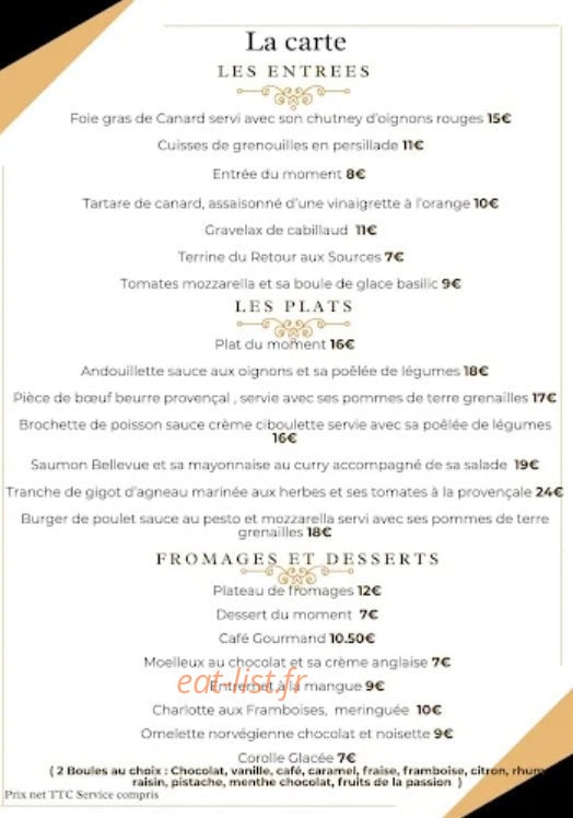 Carte et menu de Le retour aux Sources à Misy sur Yonne — La carte