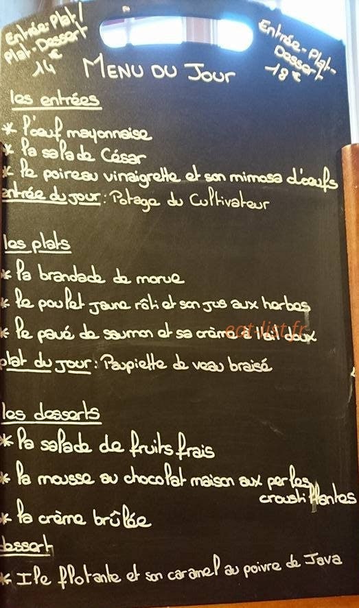Carte et menu de L'entre noues à Montereau Faut Yonne — Exemple de menu du jour