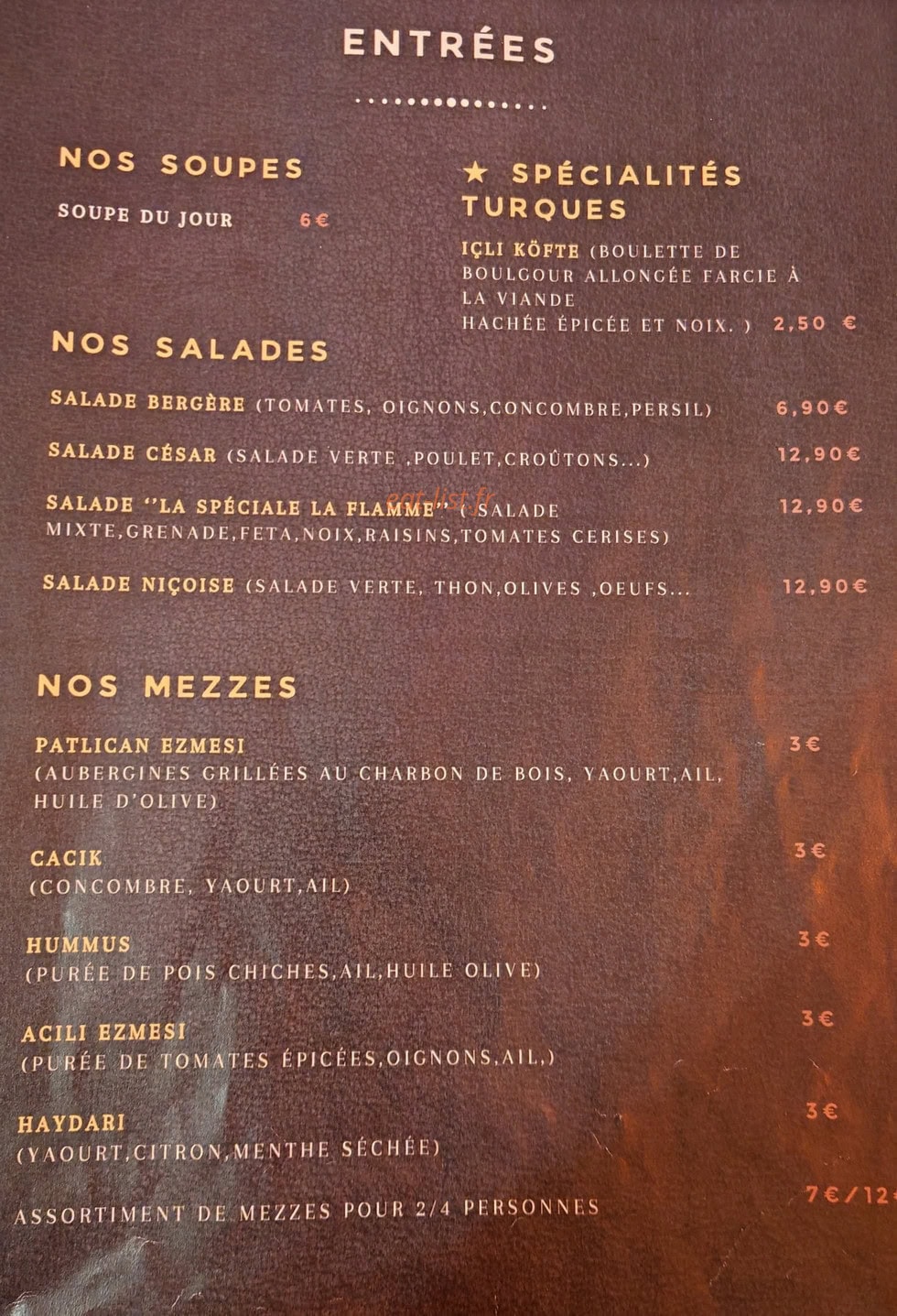 Carte et menu de La Flamme à Montereau Faut Yonne — Les entrées