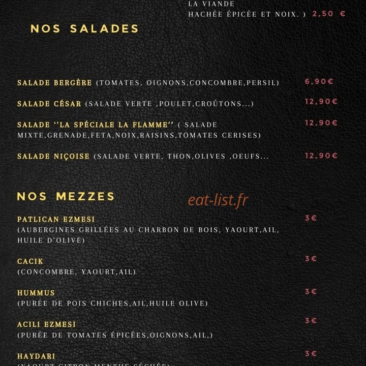 Carte et menu de La Flamme à Montereau Faut Yonne — Les salades et mezzes