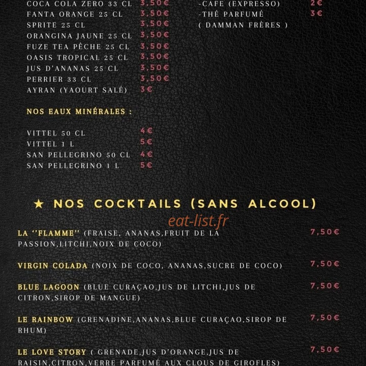 Carte et menu de La Flamme à Montereau Faut Yonne — Les eaux et cockatils