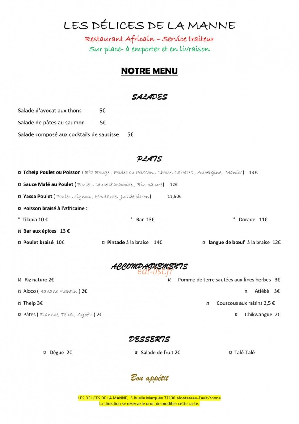 Carte et menu de Les délices de la manne à Montereau Faut Yonne — La carte