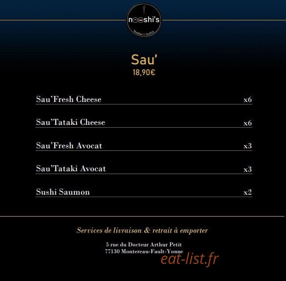 Carte et menu de Nooshi's à Montereau Faut Yonne — Le sau'