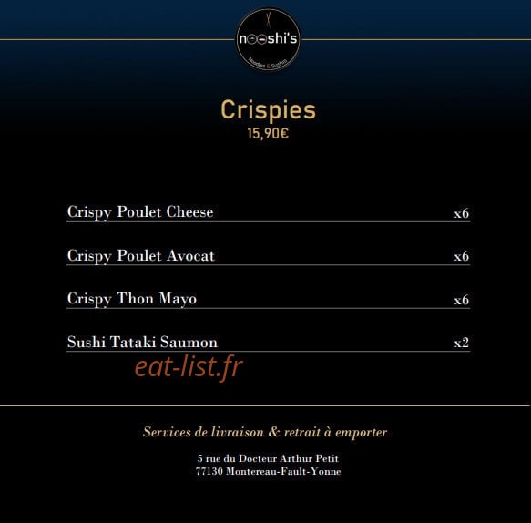 Carte et menu de Nooshi's à Montereau Faut Yonne — Les crispies
