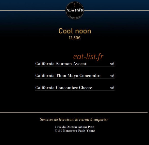 Carte et menu de Nooshi's à Montereau Faut Yonne — Le cool noon