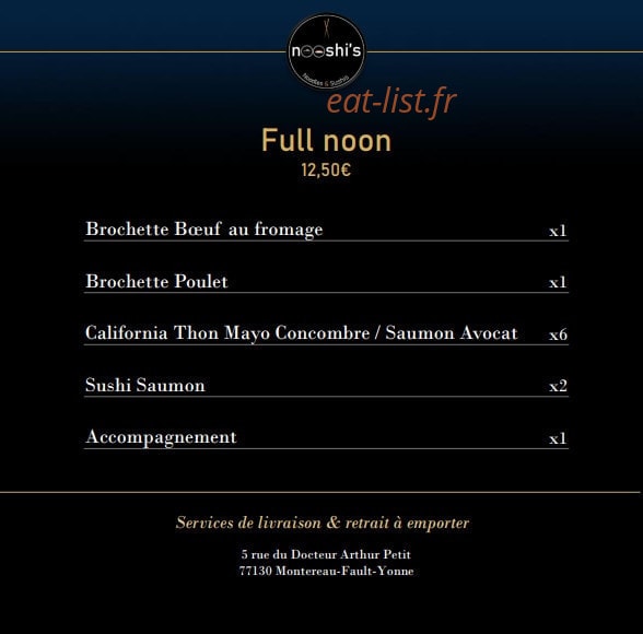 Carte et menu de Nooshi's à Montereau Faut Yonne — Le full noon