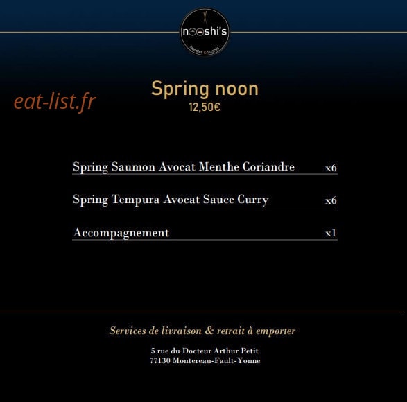 Carte et menu de Nooshi's à Montereau Faut Yonne — Le spring noon