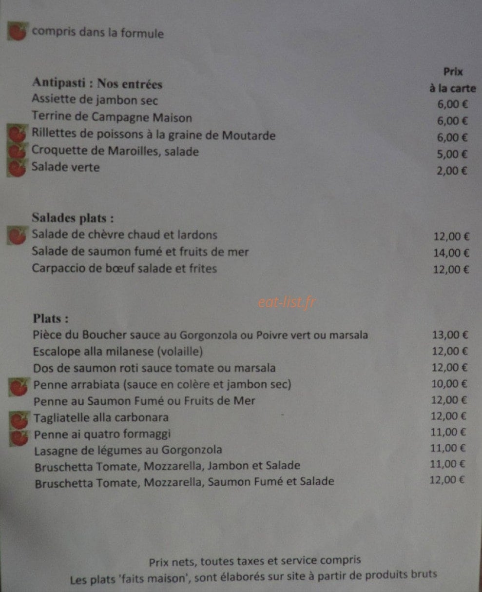 Carte et menu de Pili pili et parmesan à Montereau Faut Yonne — Les entrées, salades et plats