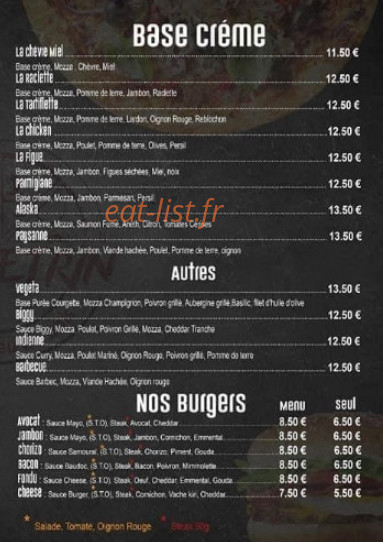 Carte et menu de Au pétrin à Montcourt Fromonville — Les pizzas base crème et les burgers