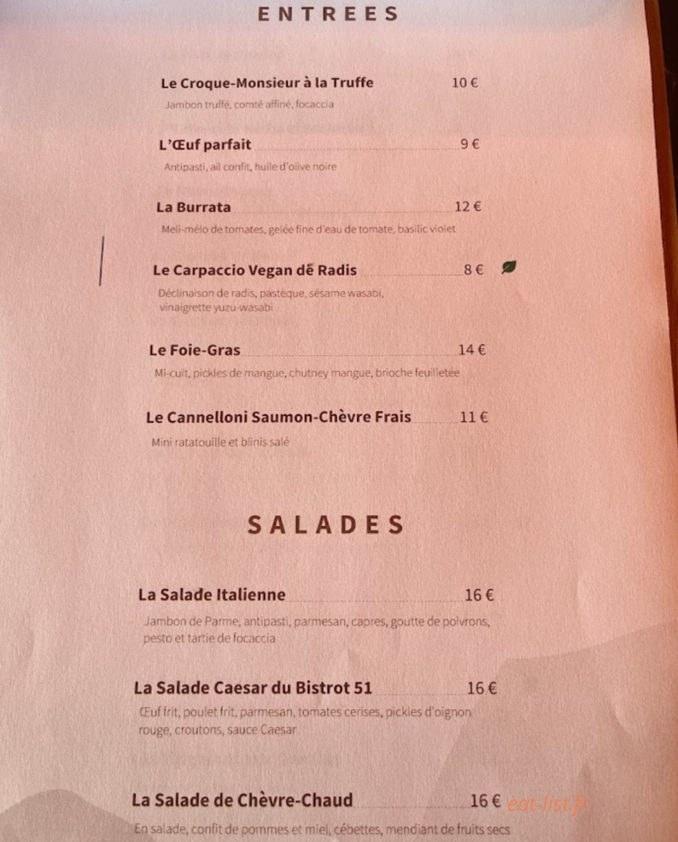 Bistrot 51 — carte page 1
