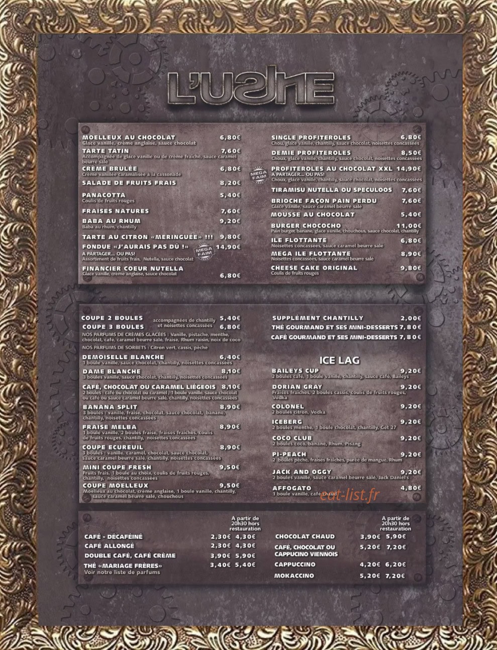 Carte et menu de L'usine Provins à Provins — Desserts, cafés...
